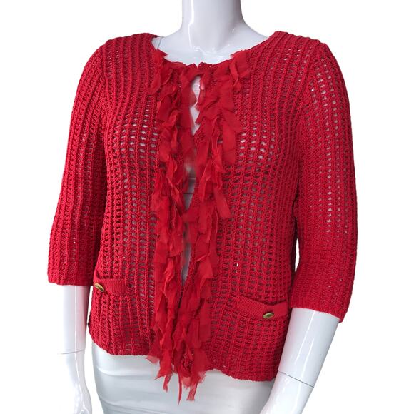 Chicos Womens Size 2 US 12 Carlina Cardigan Sweater Open Knit Ruffle Crew Neck - Picture 1 of 16
